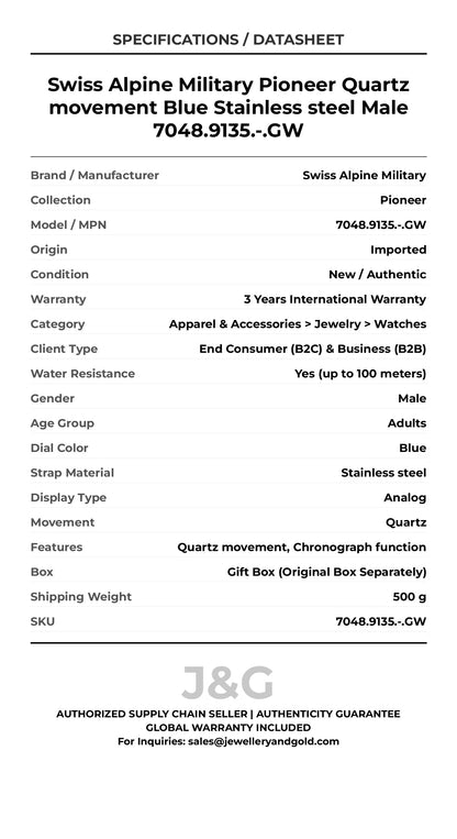 Swiss Alpine Military Pioneer Quartz movement Blue Stainless steel Male 7048.9135.-.GW - Specifications