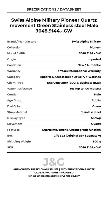 Swiss Alpine Military Pioneer Quartz movement Green Stainless steel Male 7048.9144.-.GW - Specifications