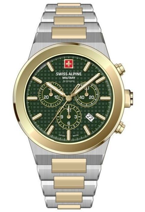 Swiss Alpine Military Pioneer Quartz movement Green Stainless steel Male 7048.9144.-.GW. A brand-new Swiss Alpine Military Pioneer watch featuring a Green dial and a Stainless steel strap. Front view.