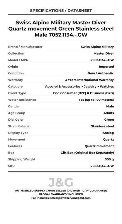 Swiss Alpine Military Master Diver Quartz movement Green Stainless steel Male 7052.1134.-.GW - Specifications