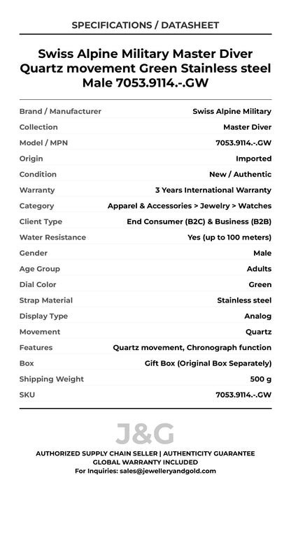 Swiss Alpine Military Master Diver Quartz movement Green Stainless steel Male 7053.9114.-.GW - Specifications