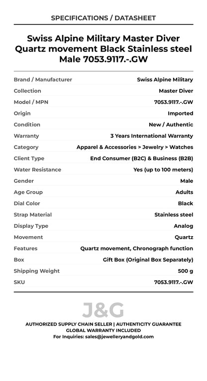 Swiss Alpine Military Master Diver Quartz movement Black Stainless steel Male 7053.9117.-.GW - Specifications