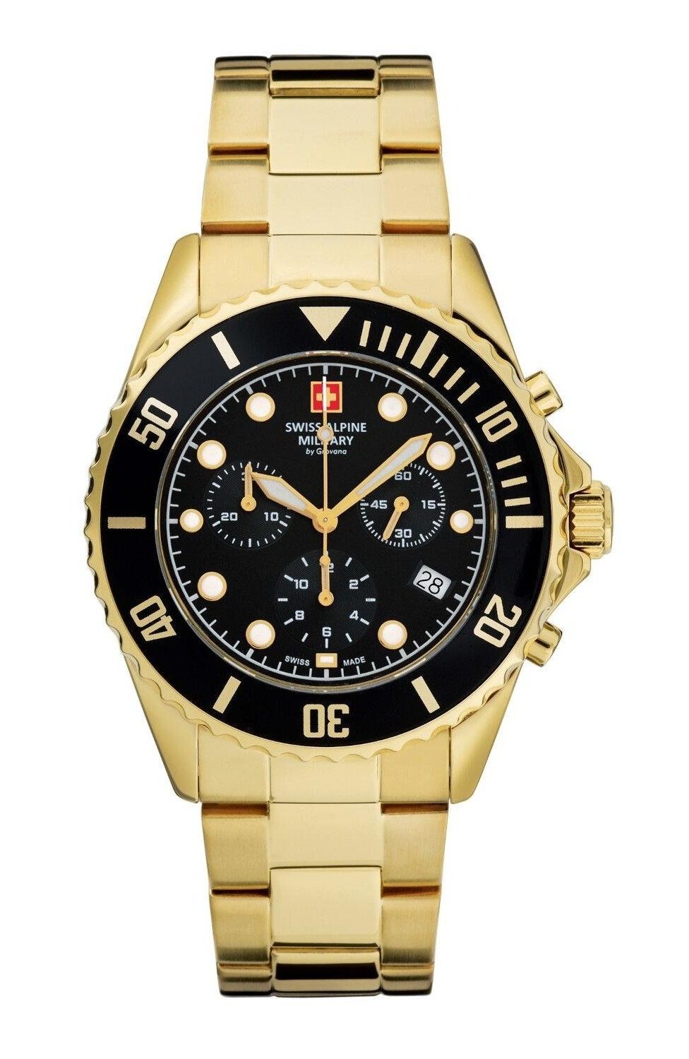 Swiss Alpine Military Master Diver Quartz movement Black Stainless steel Male 7053.9117.-.GW. A brand-new Swiss Alpine Military Master Diver watch featuring a Black dial and a Stainless steel strap. Side view.