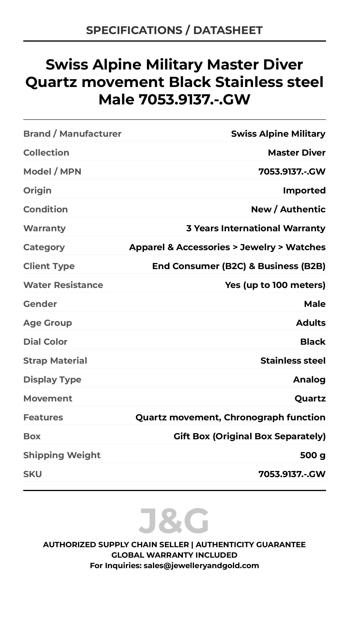 Swiss Alpine Military Master Diver Quartz movement Black Stainless steel Male 7053.9137.-.GW - Specifications