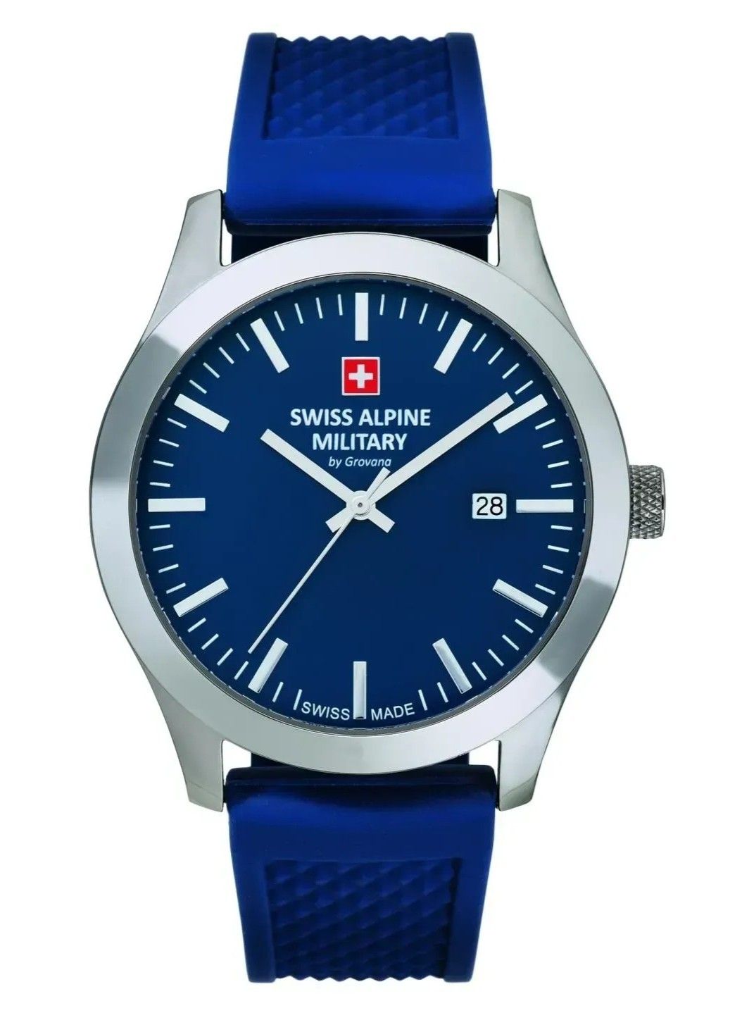 Swiss Alpine Military Combat Quartz movement Blue Rubber Male 7055.1835.-.GW. A brand-new Swiss Alpine Military Combat watch featuring a Blue dial and a Rubber strap. Front view.
