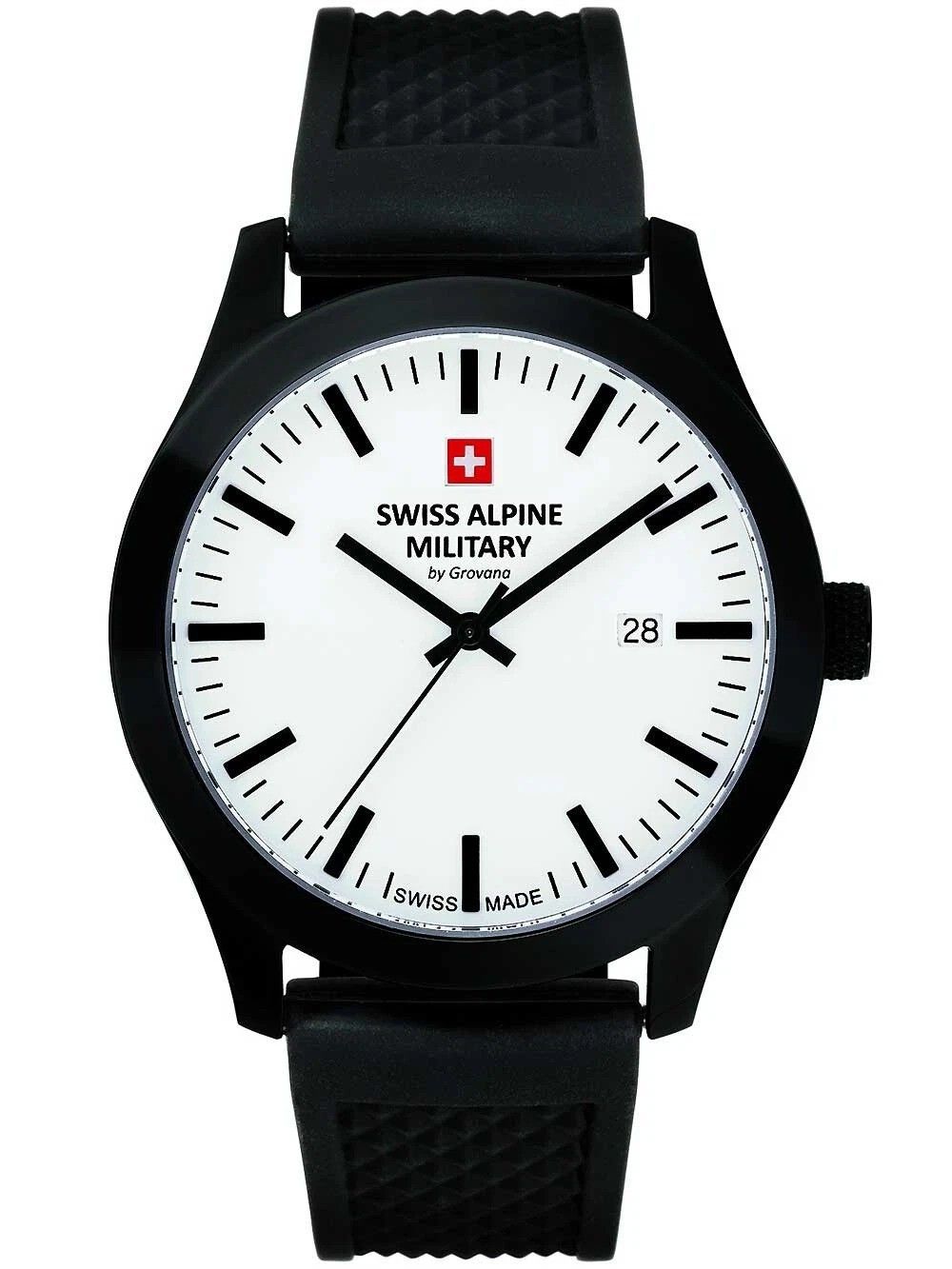 Swiss Alpine Military Combat Quartz movement White Rubber Male 7055.1873.-.GW. A brand-new Swiss Alpine Military Combat watch featuring a White dial and a Rubber strap. Side view.