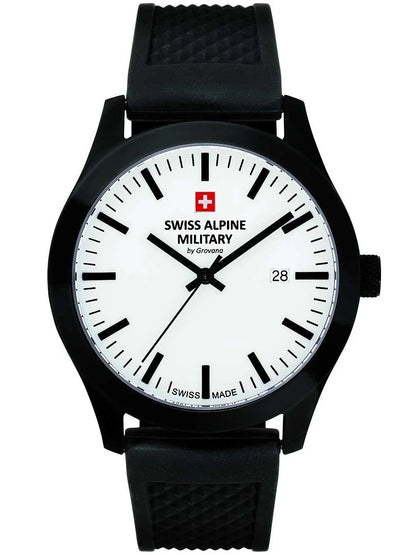 Swiss Alpine Military Combat Quartz movement White Rubber Male 7055.1873.-.GW. A brand-new Swiss Alpine Military Combat watch featuring a White dial and a Rubber strap. Side view.