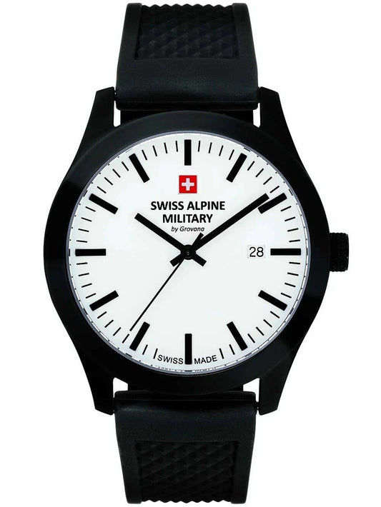 Swiss Alpine Military Combat Quartz movement White Rubber Male 7055.1873.-.GW. A brand-new Swiss Alpine Military Combat watch featuring a White dial and a Rubber strap. Side view.