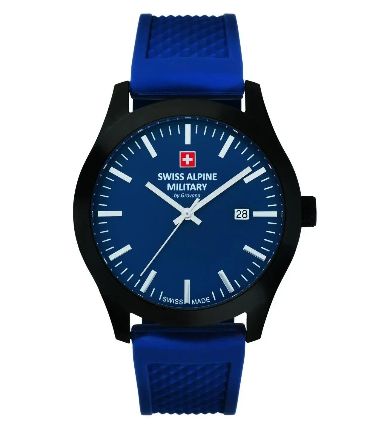 Swiss Alpine Military Combat Luminous hands Blue Rubber Male 7055.1875.-.GW. A brand-new Swiss Alpine Military Combat watch featuring a Blue dial and a Rubber strap. Angled view.
