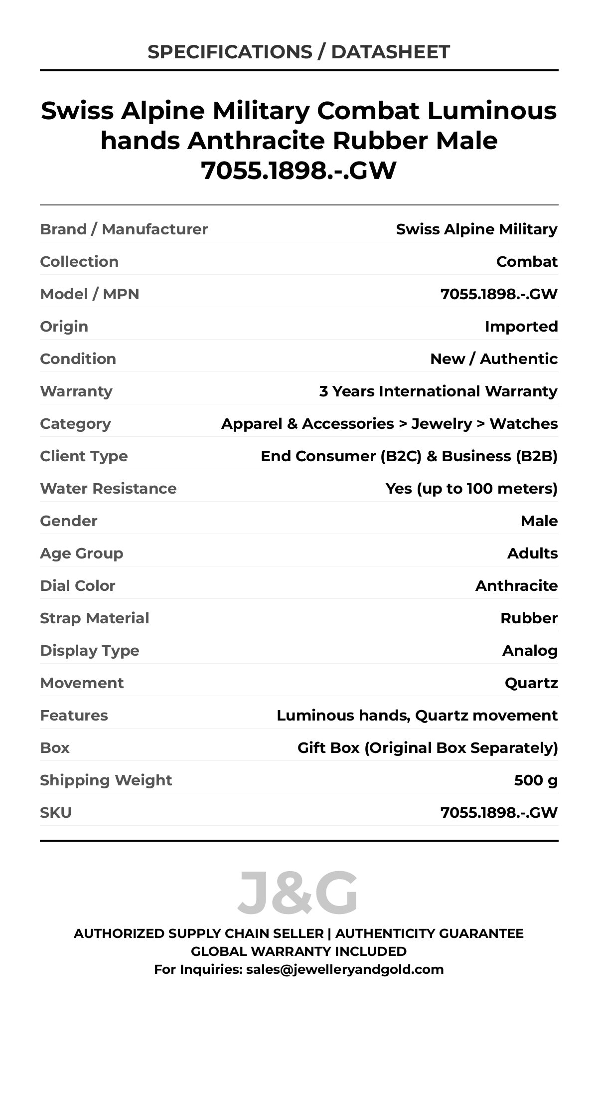 Swiss Alpine Military Combat Luminous hands Anthracite Rubber Male 7055.1898.-.GW - Specifications