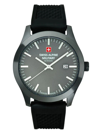 Swiss Alpine Military Combat Luminous hands Anthracite Rubber Male 7055.1898.-.GW. A brand-new Swiss Alpine Military Combat watch featuring a Anthracite dial and a Rubber strap. Angled view.