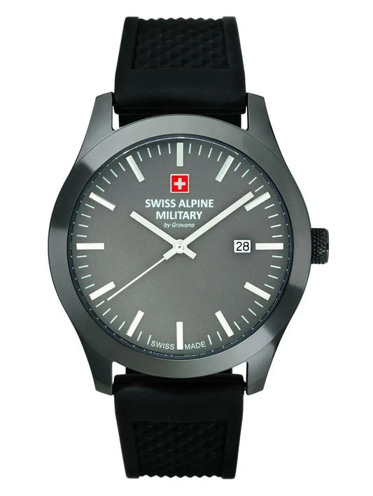 Swiss Alpine Military Combat Luminous hands Anthracite Rubber Male 7055.1898.-.GW. A brand-new Swiss Alpine Military Combat watch featuring a Anthracite dial and a Rubber strap. Angled view.