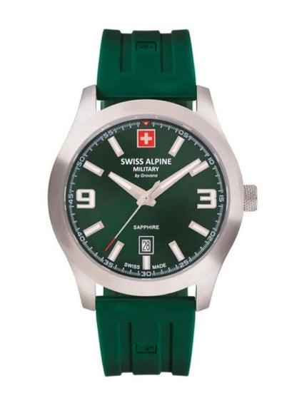 Swiss Alpine Military Combat Luminous hands Green Rubber Male 7056.1834.-.GW. A brand-new Swiss Alpine Military Combat watch featuring a Green dial and a Rubber strap. Front view.