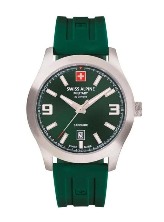 Swiss Alpine Military Combat Luminous hands Green Rubber Male 7056.1834.-.GW. A brand-new Swiss Alpine Military Combat watch featuring a Green dial and a Rubber strap. Front view.
