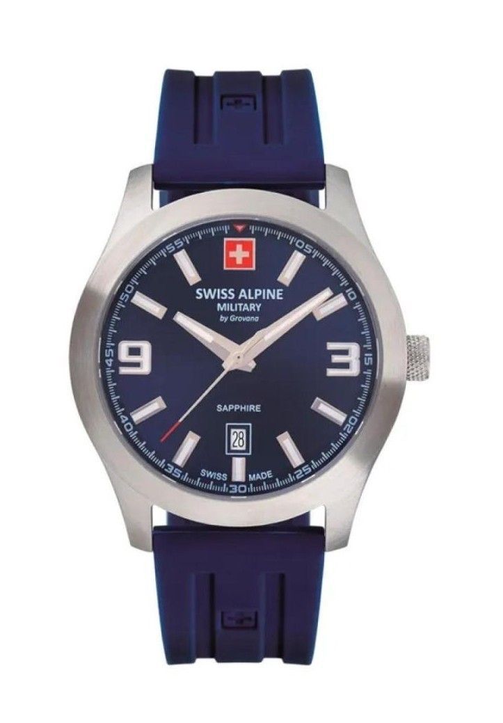 Swiss Alpine Military Combat Luminous hands Blue Rubber Male 7056.1835.-.GW. A brand-new Swiss Alpine Military Combat watch featuring a Blue dial and a Rubber strap. Front view.