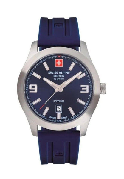 Swiss Alpine Military Combat Luminous hands Blue Rubber Male 7056.1835.-.GW. A brand-new Swiss Alpine Military Combat watch featuring a Blue dial and a Rubber strap. Front view.