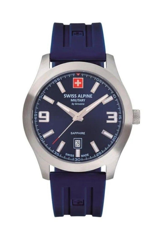 Swiss Alpine Military Combat Luminous hands Blue Rubber Male 7056.1835.-.GW. A brand-new Swiss Alpine Military Combat watch featuring a Blue dial and a Rubber strap. Front view.
