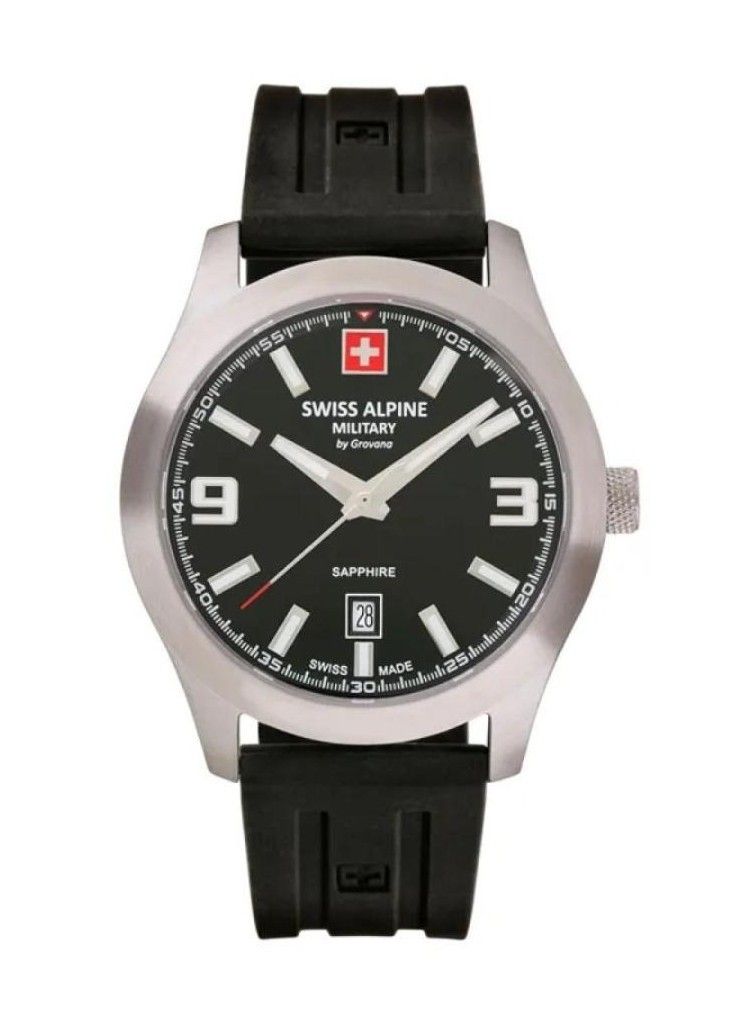 Swiss Alpine Military Combat Luminous hands Black Rubber Male 7056.1837.-.GW. A brand-new Swiss Alpine Military Combat watch featuring a Black dial and a Rubber strap. Angled view.