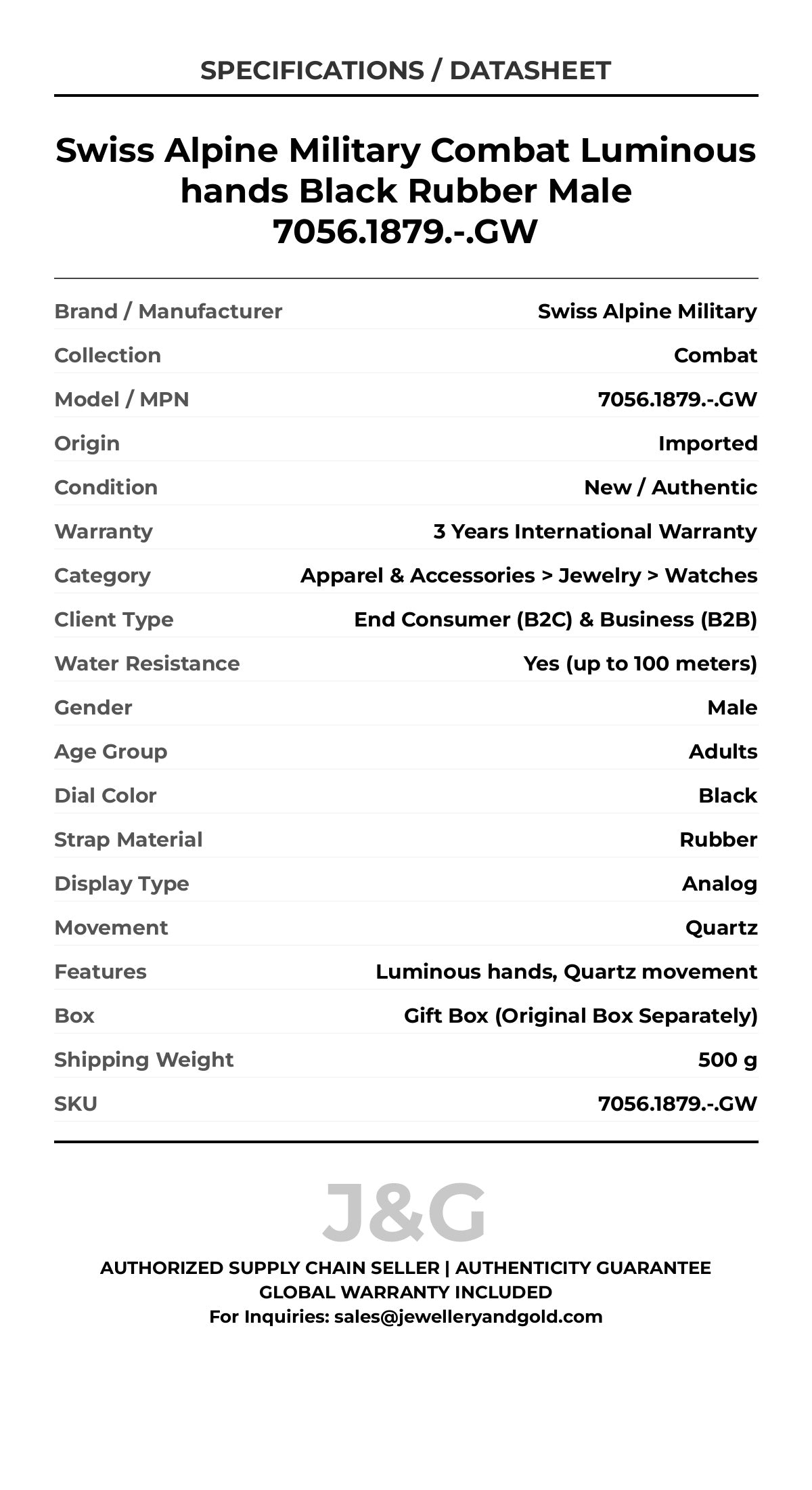 Swiss Alpine Military Combat Luminous hands Black Rubber Male 7056.1879.-.GW - Specifications