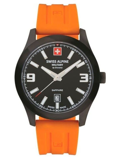 Swiss Alpine Military Combat Luminous hands Black Rubber Male 7056.1879.-.GW. A brand-new Swiss Alpine Military Combat watch featuring a Black dial and a Rubber strap. Side view.