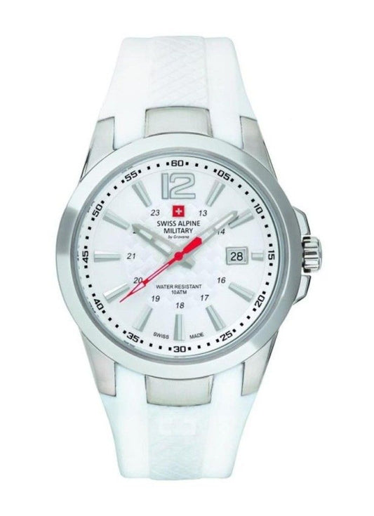 Swiss Alpine Military Combat Quartz movement White Rubber Male 7058.1833.-.GW. A brand-new Swiss Alpine Military Combat watch featuring a White dial and a Rubber strap. Side view.