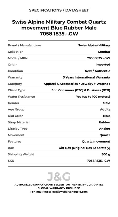 Swiss Alpine Military Combat Quartz movement Blue Rubber Male 7058.1835.-.GW - Specifications