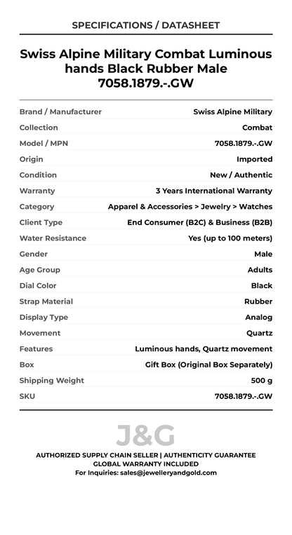 Swiss Alpine Military Combat Luminous hands Black Rubber Male 7058.1879.-.GW - Specifications