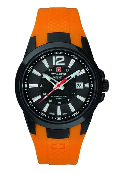 Swiss Alpine Military Combat Luminous hands Black Rubber Male 7058.1879.-.GW. A brand-new Swiss Alpine Military Combat watch featuring a Black dial and a Rubber strap. Front view.