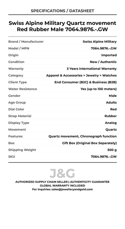 Swiss Alpine Military Quartz movement Red Rubber Male 7064.9876.-.GW - Specifications