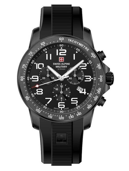 Swiss Alpine Military Luminous hands Black Rubber Male 7064.9877.-.GW. A brand-new Swiss Alpine Military watch featuring a Black dial and a Rubber strap. Angled view.