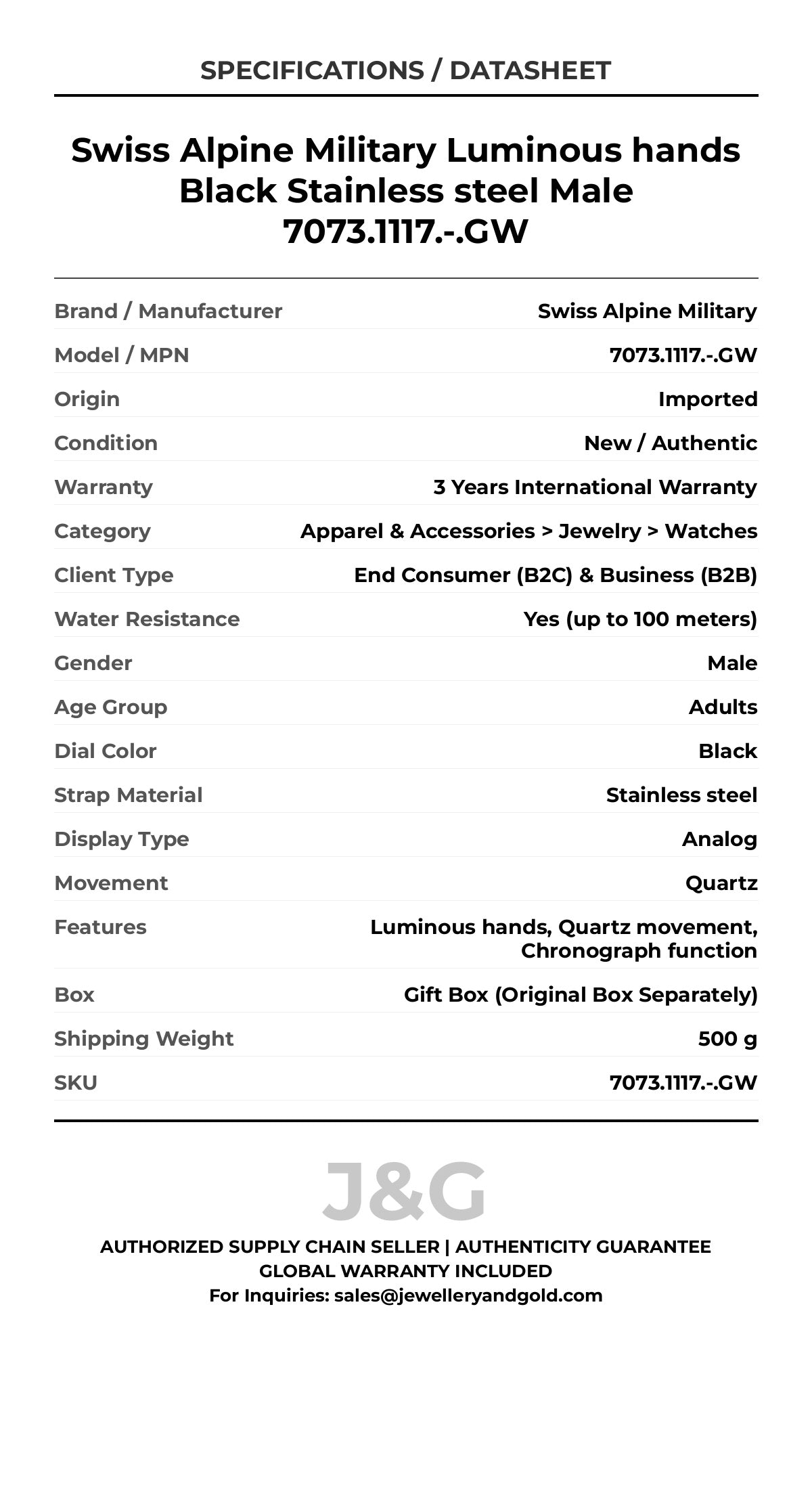 Swiss Alpine Military Luminous hands Black Stainless steel Male 7073.1117.-.GW - Specifications