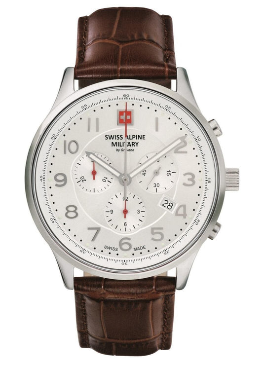 Swiss Alpine Military Luminous hands Silver Leather Male 7084.9532.-.GW. A brand-new Swiss Alpine Military watch featuring a Silver dial and a Leather strap. Angled view.