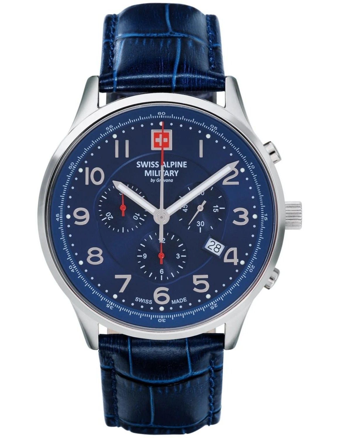 Swiss Alpine Military Luminous hands Blue Leather Male 7084.9535.-.GW. A brand-new Swiss Alpine Military watch featuring a Blue dial and a Leather strap. Angled view.