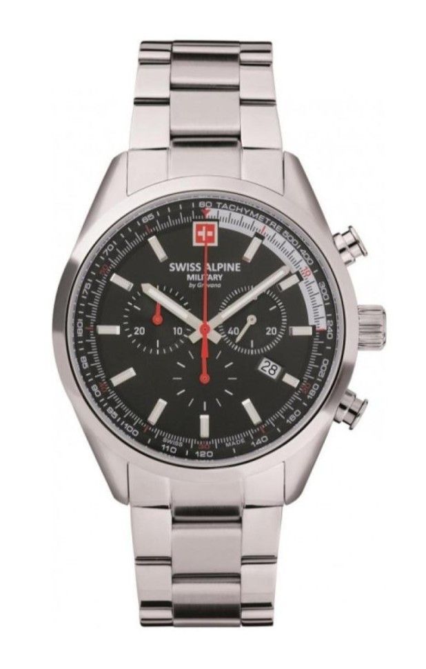 Swiss Alpine Military Luminous hands Black Stainless steel Male 7086.9137.-.GW. A brand-new Swiss Alpine Military watch featuring a Black dial and a Stainless steel strap. Angled view.