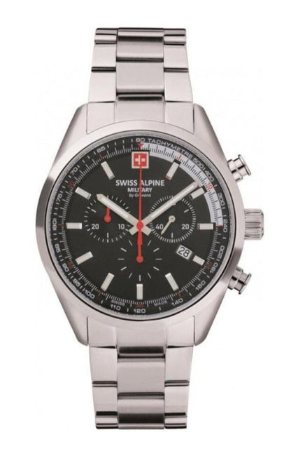 Swiss Alpine Military Luminous hands Black Stainless steel Male 7086.9137.-.GW. A brand-new Swiss Alpine Military watch featuring a Black dial and a Stainless steel strap. Angled view.