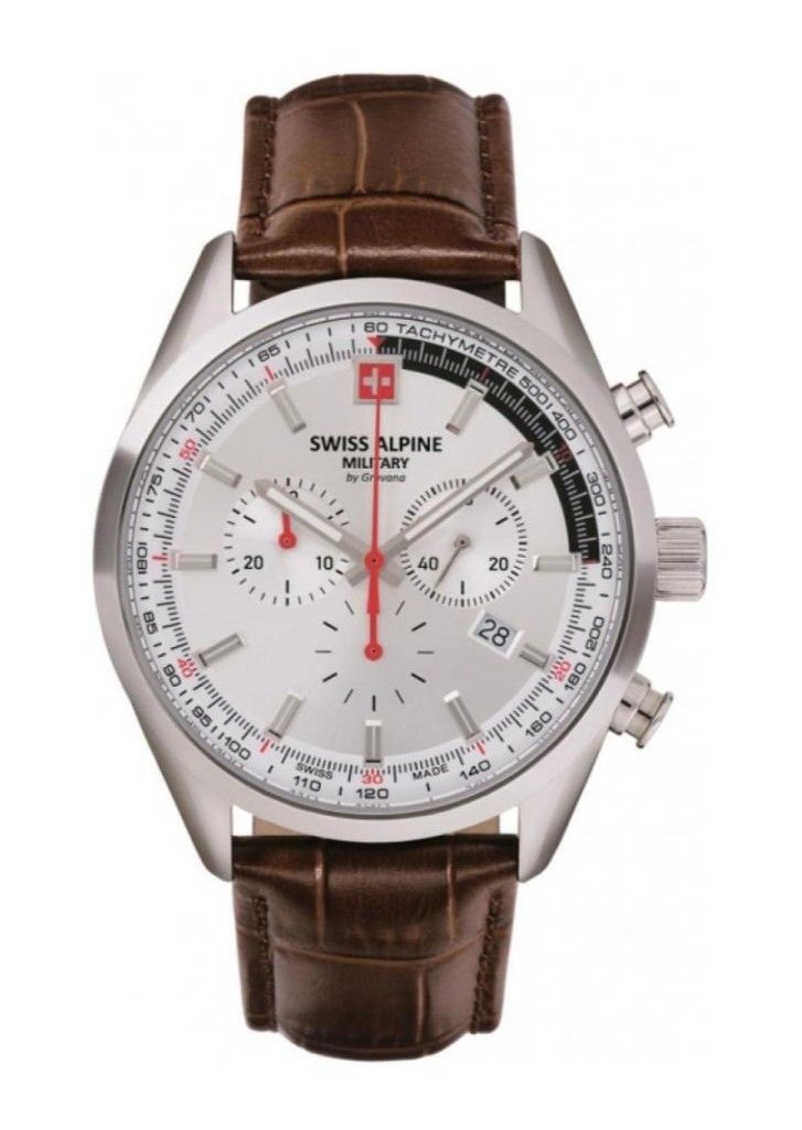 Swiss Alpine Military Luminous hands Silver Leather Male 7086.9532.-.GW. A brand-new Swiss Alpine Military watch featuring a Silver dial and a Leather strap. Side view.