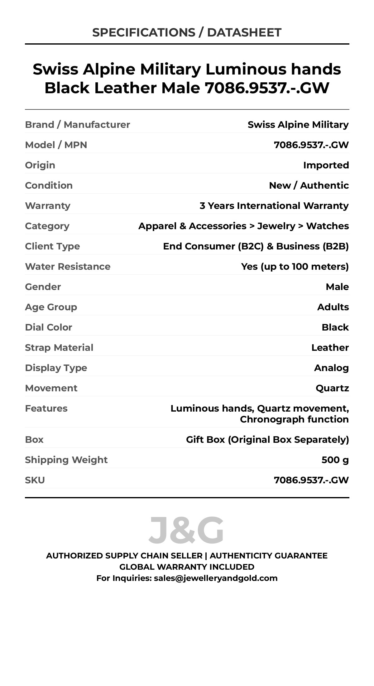 Swiss Alpine Military Luminous hands Black Leather Male 7086.9537.-.GW - Specifications