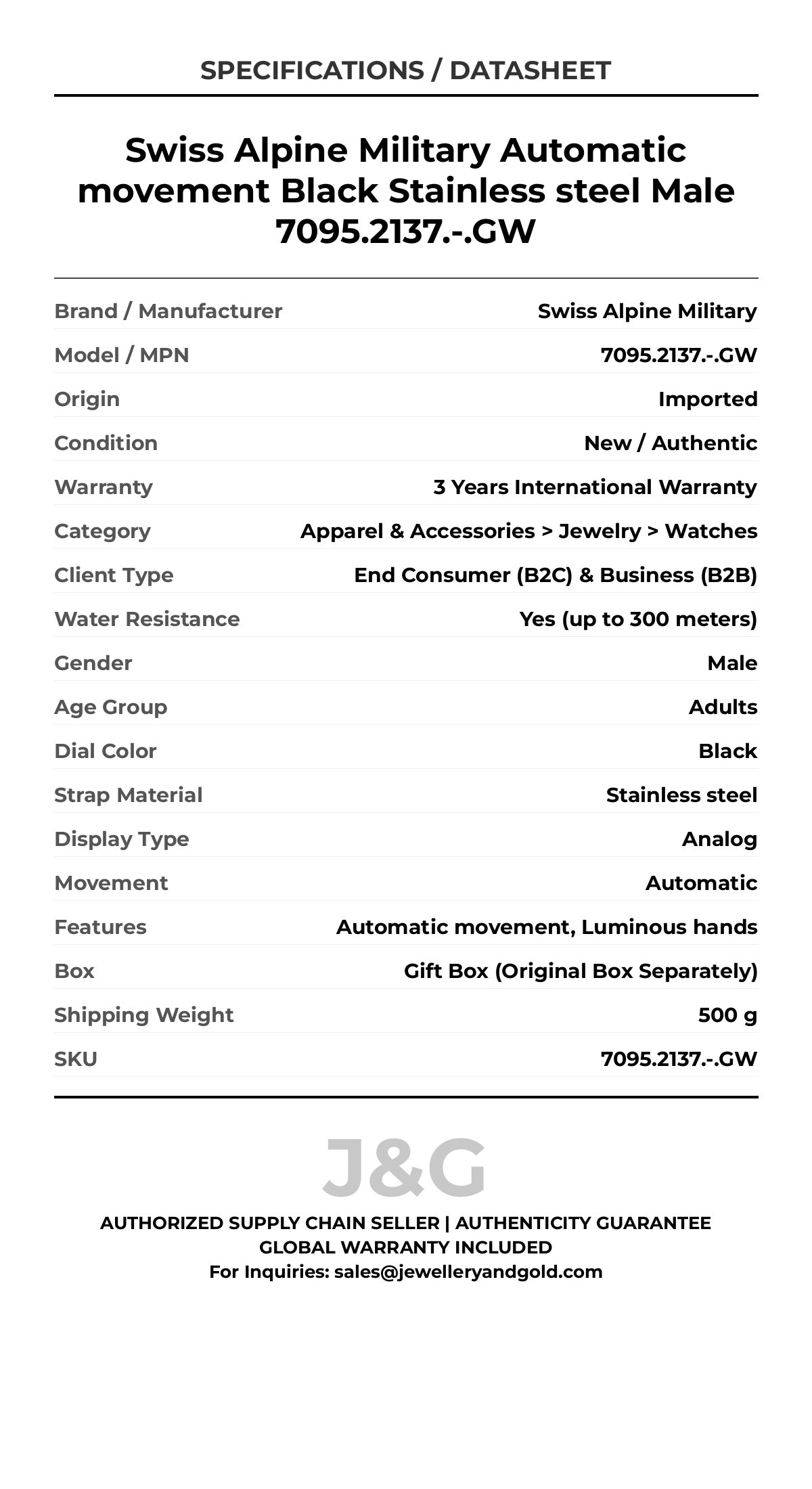 Swiss Alpine Military Automatic movement Black Stainless steel Male 7095.2137.-.GW - Specifications