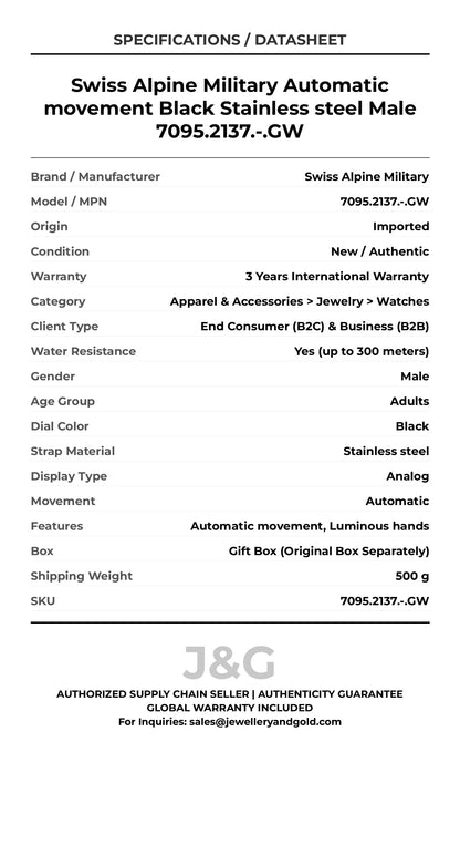 Swiss Alpine Military Automatic movement Black Stainless steel Male 7095.2137.-.GW - Specifications