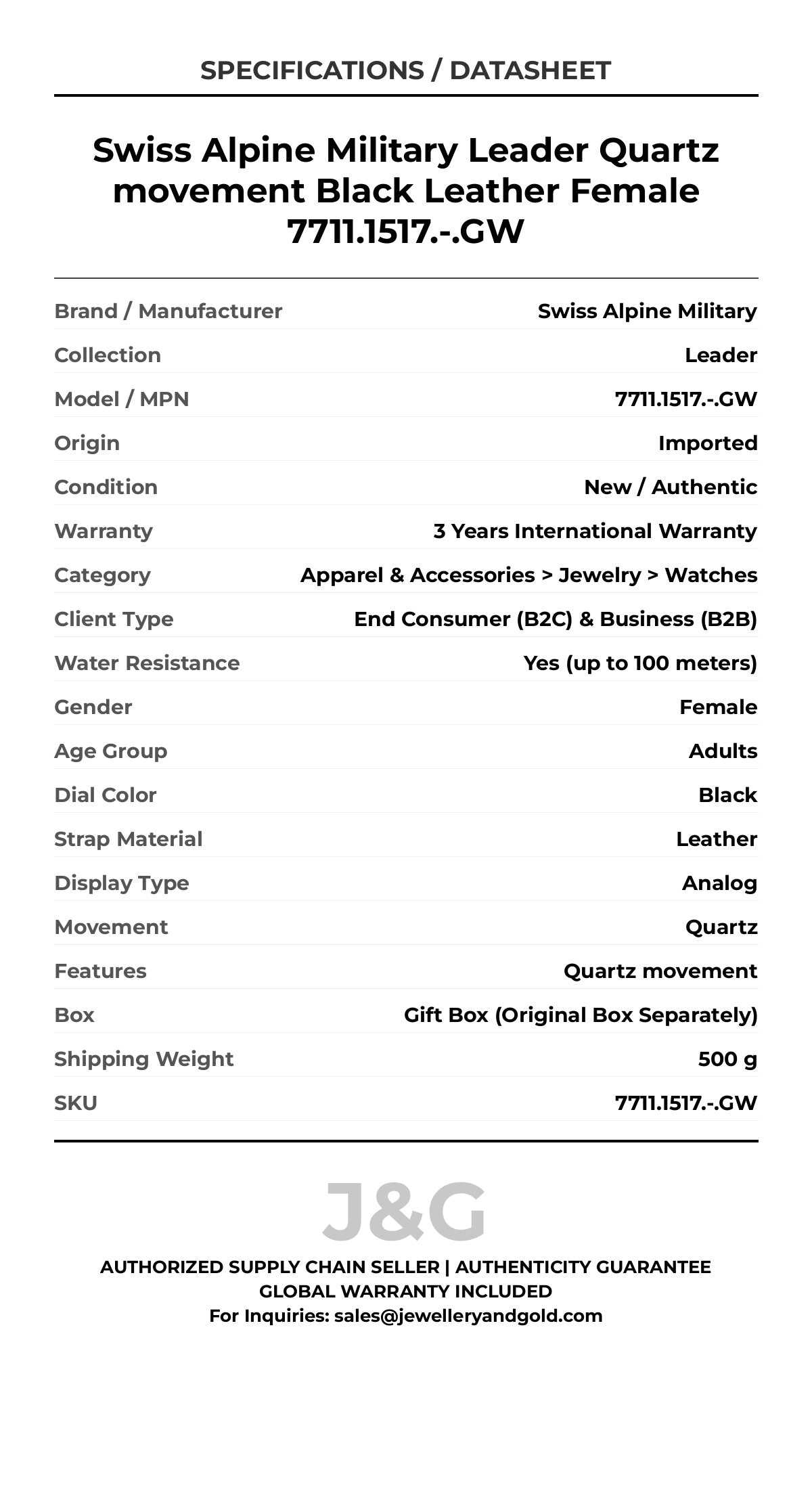 Swiss Alpine Military Leader Quartz movement Black Leather Female 7711.1517.-.GW - Specifications