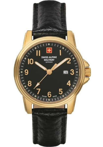 Swiss Alpine Military Leader Quartz movement Black Leather Female 7711.1517.-.GW. A brand-new Swiss Alpine Military Leader watch featuring a Black dial and a Leather strap. Front view.