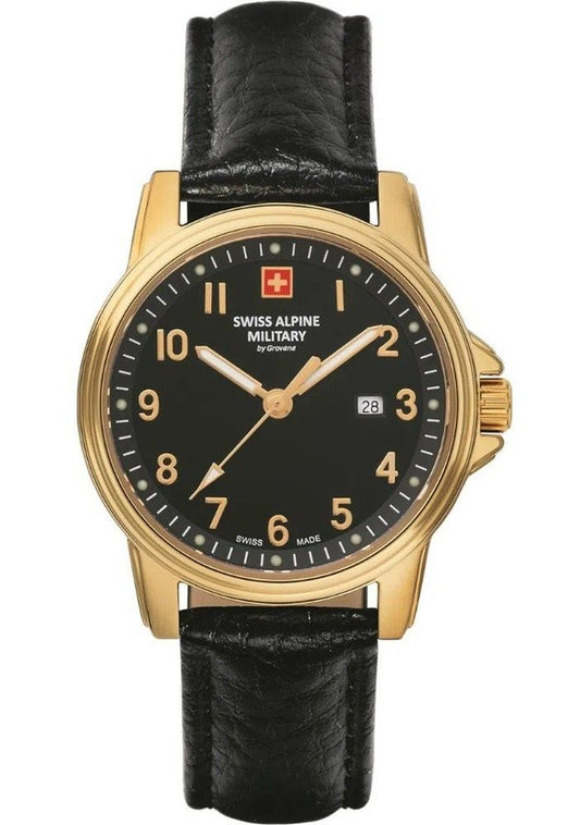 Swiss Alpine Military Leader Quartz movement Black Leather Female 7711.1517.-.GW. A brand-new Swiss Alpine Military Leader watch featuring a Black dial and a Leather strap. Front view.