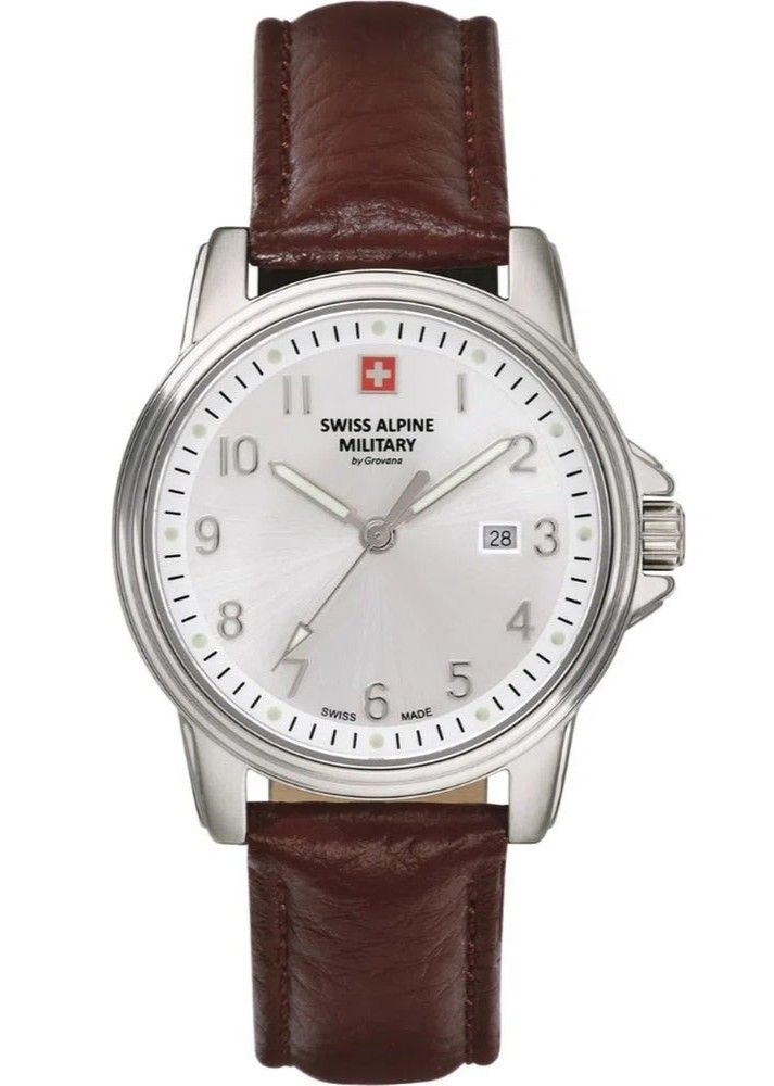 Swiss Alpine Military Leader Quartz movement Silver Leather Female 7711.1532.-.GW. A brand-new Swiss Alpine Military Leader watch featuring a Silver dial and a Leather strap. Side view.