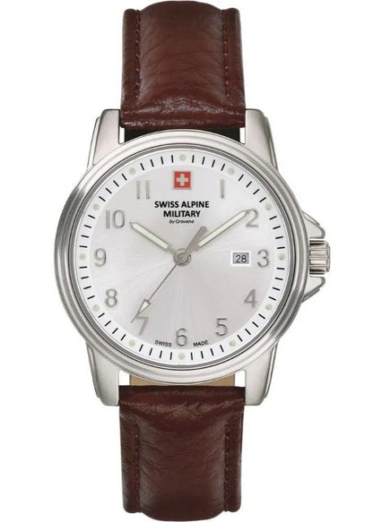 Swiss Alpine Military Leader Quartz movement Silver Leather Female 7711.1532.-.GW. A brand-new Swiss Alpine Military Leader watch featuring a Silver dial and a Leather strap. Side view.
