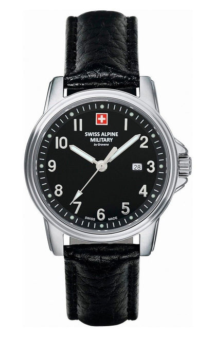 Swiss Alpine Military Leader Quartz movement Black Leather Female 7711.1537.-.GW. A brand-new Swiss Alpine Military Leader watch featuring a Black dial and a Leather strap. Angled view.