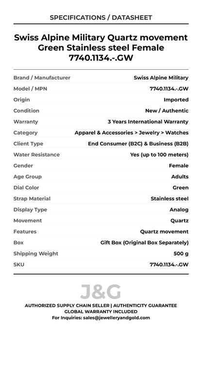 Swiss Alpine Military Quartz movement Green Stainless steel Female 7740.1134.-.GW - Specifications