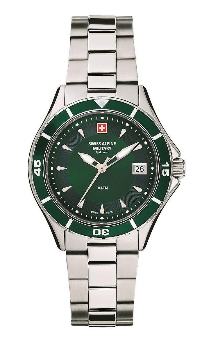 Swiss Alpine Military Quartz movement Green Stainless steel Female 7740.1134.-.GW. A brand-new Swiss Alpine Military watch featuring a Green dial and a Stainless steel strap. Angled view.