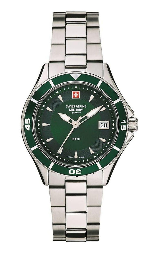 Swiss Alpine Military Quartz movement Green Stainless steel Female 7740.1134.-.GW. A brand-new Swiss Alpine Military watch featuring a Green dial and a Stainless steel strap. Angled view.