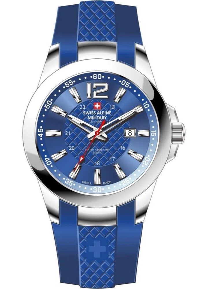 Swiss Alpine Military Combat Quartz movement Blue Silicone Female 7758.1835.-.GW. A brand-new Swiss Alpine Military Combat watch featuring a Blue dial and a Silicone strap. Front view.
