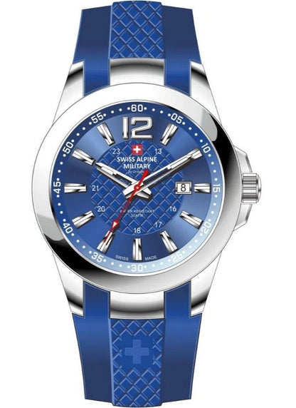Swiss Alpine Military Combat Quartz movement Blue Silicone Female 7758.1835.-.GW. A brand-new Swiss Alpine Military Combat watch featuring a Blue dial and a Silicone strap. Front view.